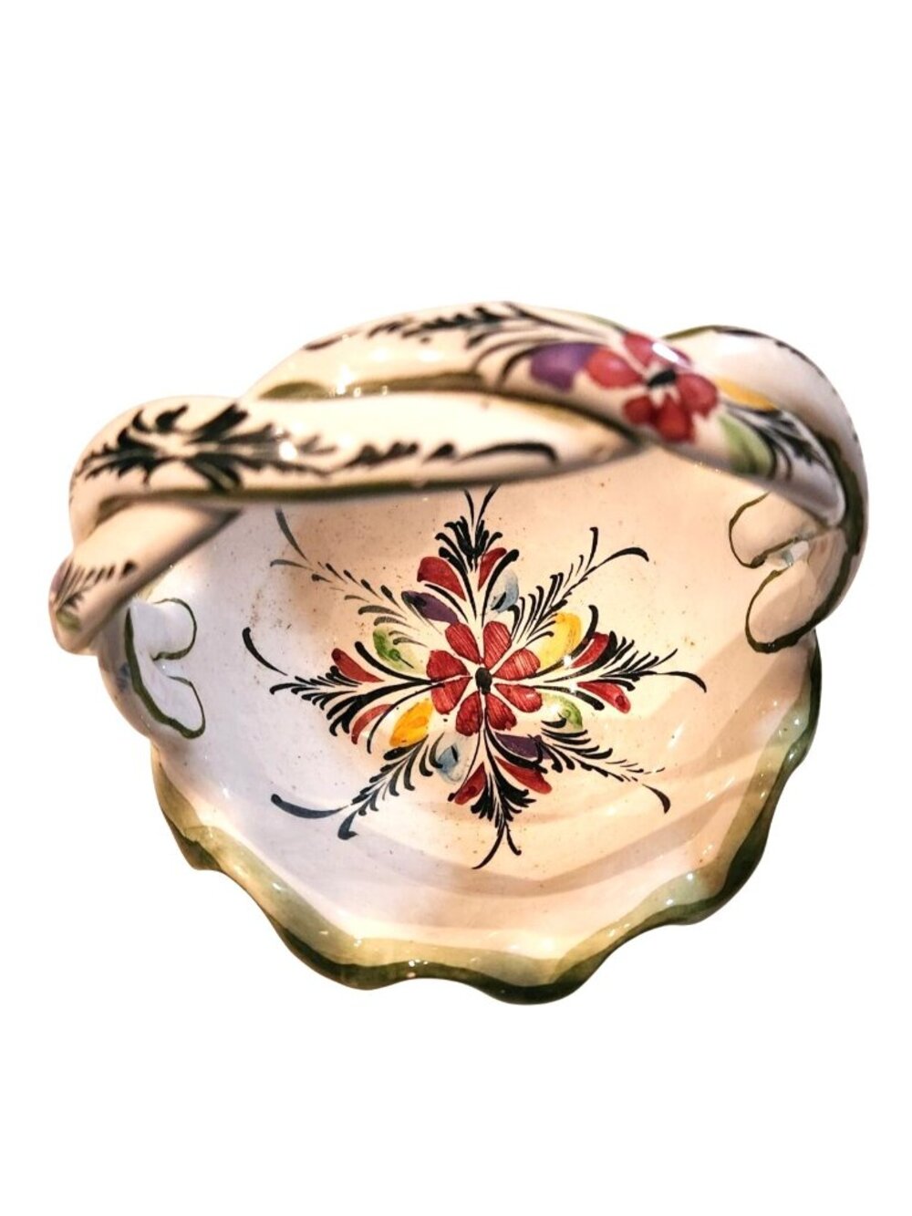 Vtg Bowl Basket Hand-Painted Ceramic Floral Jay Willfred Portugal cottage easter